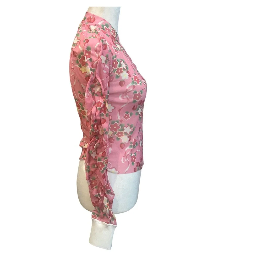 m.ARCHIVE Marchen Pink Strawberry‎ Floral Mesh Zipper Cutout Top M